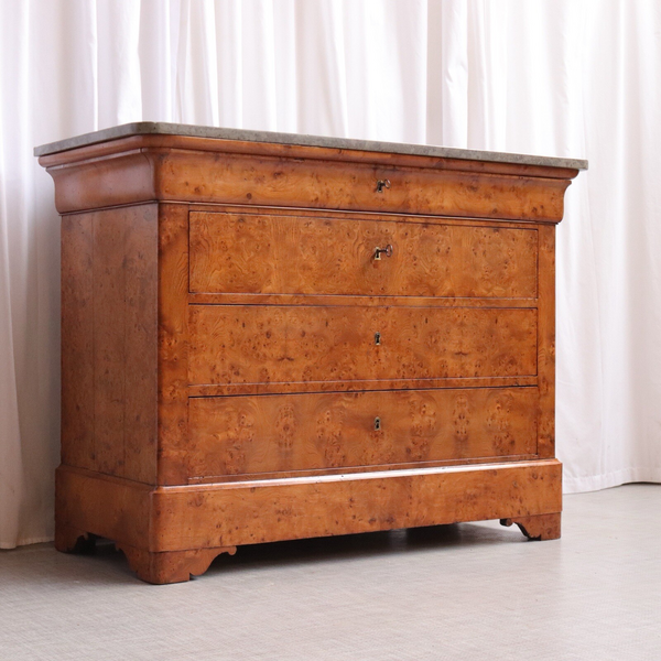 Antique French Burr Elm & Marble Top Commode Or Chest Of Drawers C.1860 6331