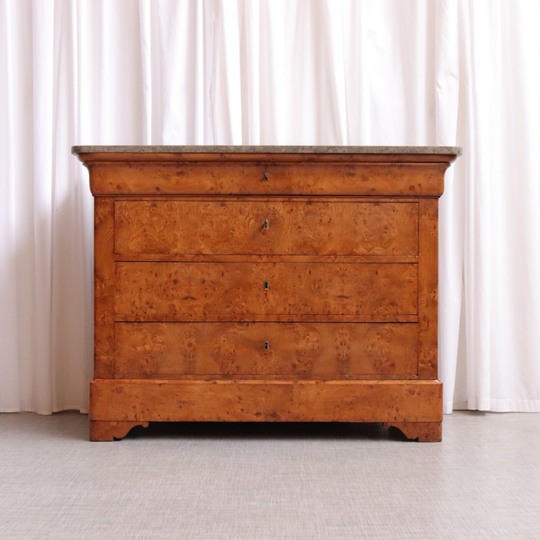 Antique French Burr Elm & Marble Top Commode Or Chest Of Drawers C.1860 6331