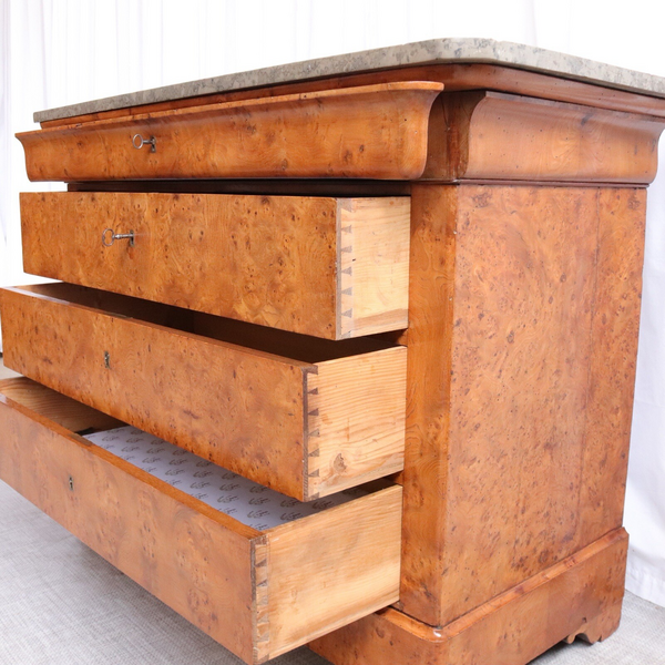 Antique French Burr Elm & Marble Top Commode Or Chest Of Drawers C.1860 6331