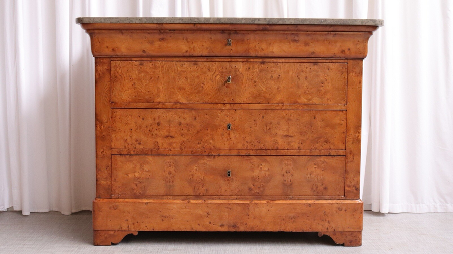 Antique French Burr Elm & Marble Top Commode Or Chest Of Drawers C.1860 6331