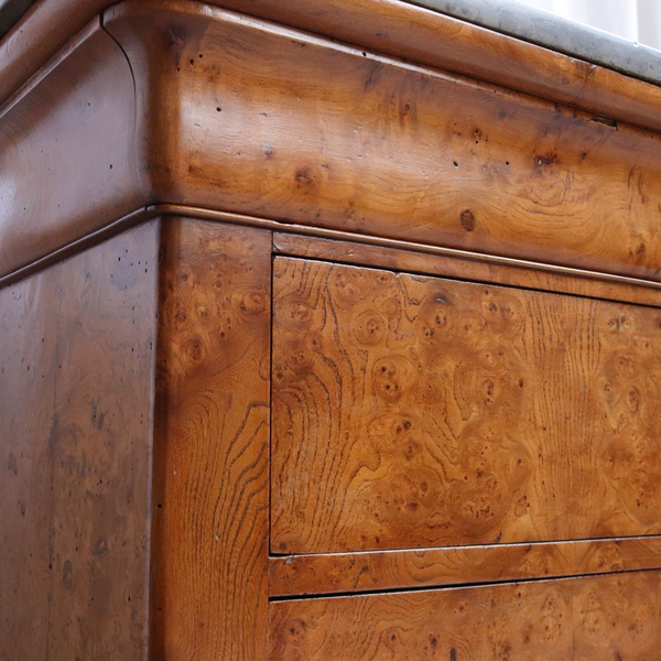 Antique French Burr Elm & Marble Top Commode Or Chest Of Drawers C.1860 6331
