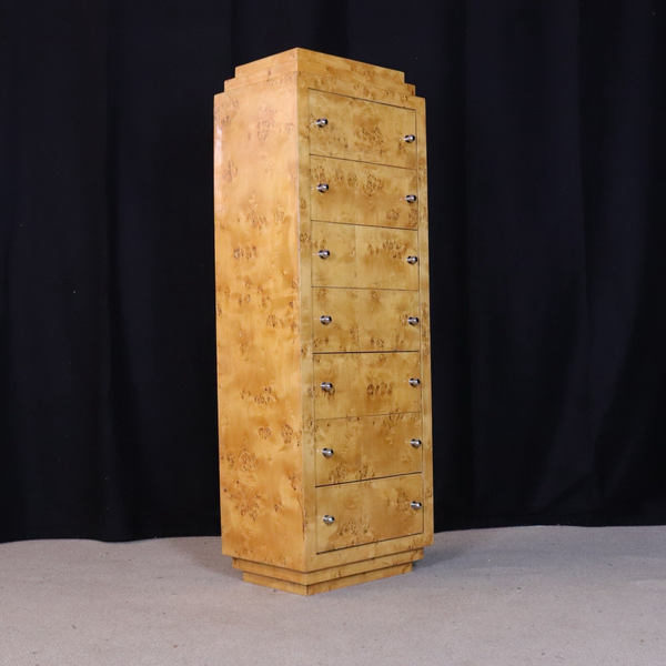 Art Deco Blonde Burr Carved Maple Tall Bedroom Chest Of 7 Drawers