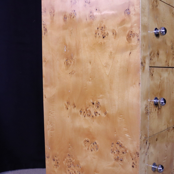 Art Deco Blonde Burr Carved Maple Tall Bedroom Chest Of 7 Drawers