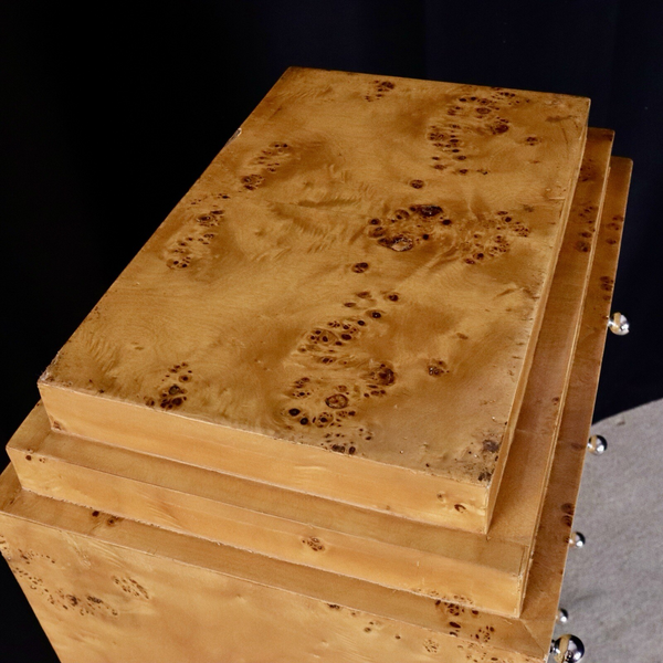 Art Deco Blonde Burr Carved Maple Tall Bedroom Chest Of 7 Drawers