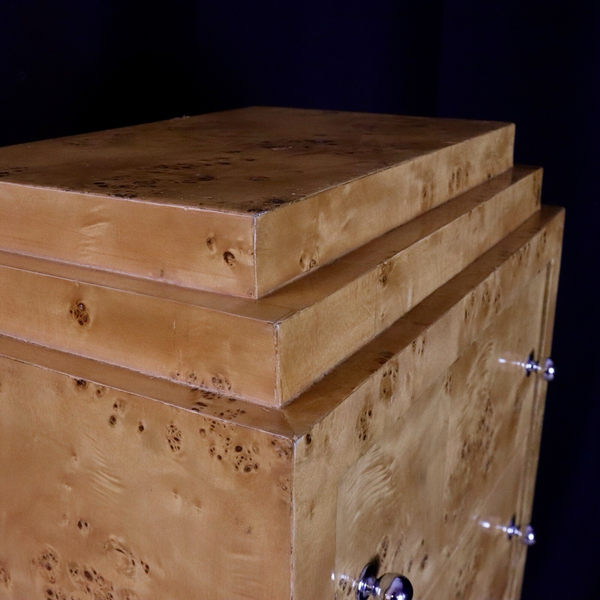 Art Deco Blonde Burr Carved Maple Tall Bedroom Chest Of 7 Drawers