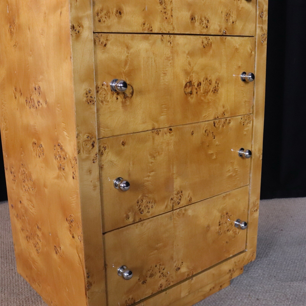 Art Deco Blonde Burr Carved Maple Tall Bedroom Chest Of 7 Drawers