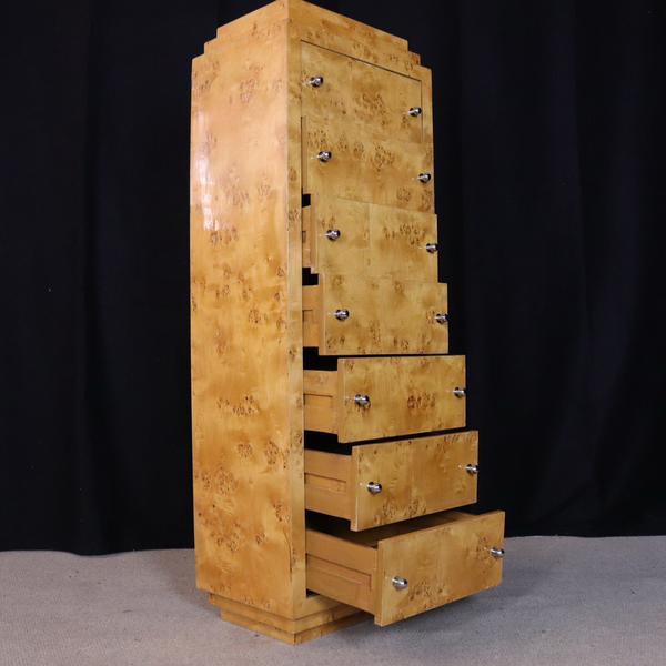 Art Deco Blonde Burr Carved Maple Tall Bedroom Chest Of 7 Drawers
