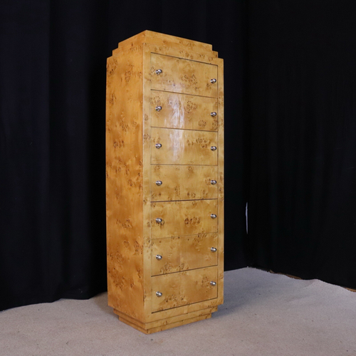 Art Deco Blonde Burr Carved Maple Tall Bedroom Chest Of 7 Drawers