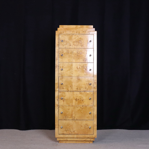 Art Deco Blonde Burr Carved Maple Tall Bedroom Chest Of 7 Drawers