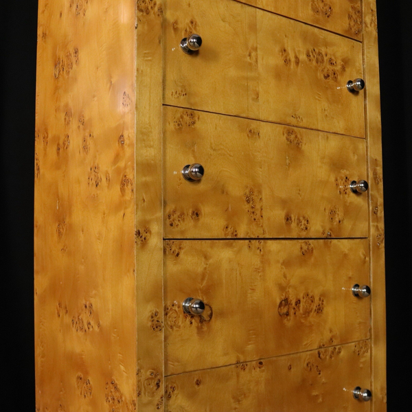 Art Deco Blonde Burr Carved Maple Tall Bedroom Chest Of 7 Drawers