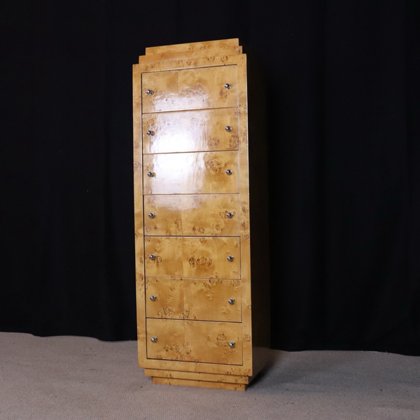 Art Deco Blonde Burr Carved Maple Tall Bedroom Chest Of 7 Drawers