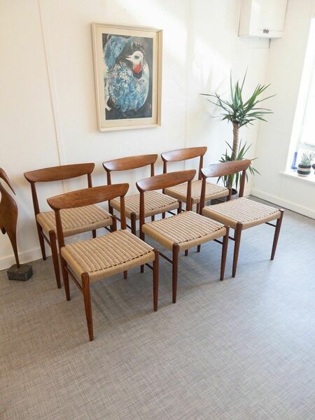 Bramin Danish Set Of 6 Danish Mid Century Teak & Paper Cord Dining Chairs