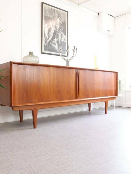 Danish Bernhard Pedersen Teak Tambour Door Long Designer Sideboard Storage Drinks Media