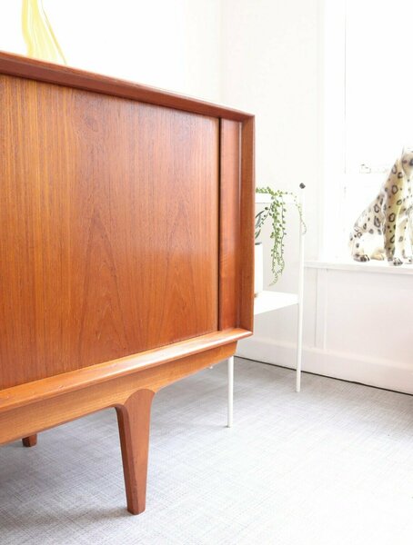 Danish Bernhard Pedersen Teak Tambour Door Long Designer Sideboard Storage Drinks Media