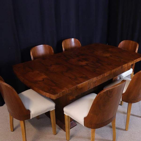 English Art Deco Epstein Style Burr Walnut Dining Table And Chairs Set