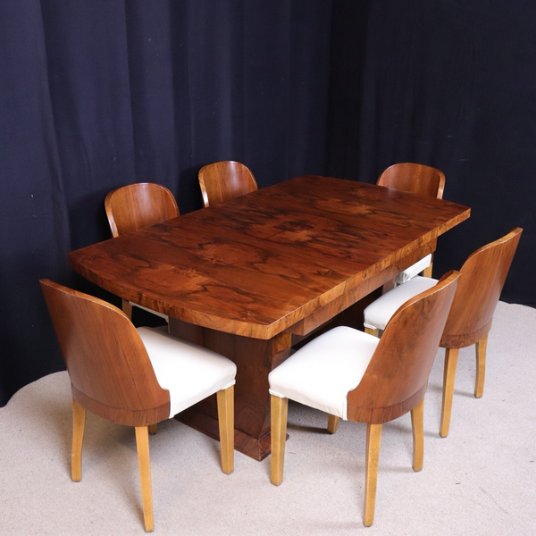 English Art Deco Epstein Style Burr Walnut Dining Table And Chairs Set
