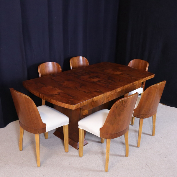 English Art Deco Epstein Style Burr Walnut Dining Table And Chairs Set