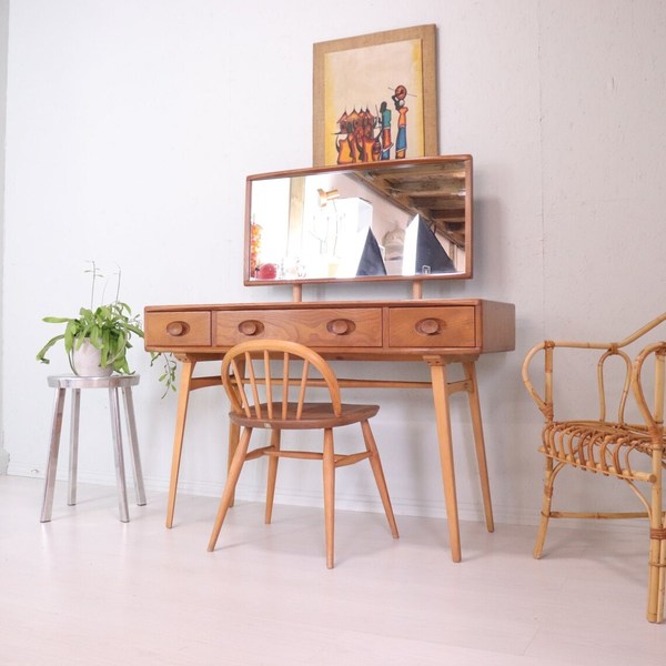 Mid Century Ercol Rare Blonde Dressing Table With Mirror