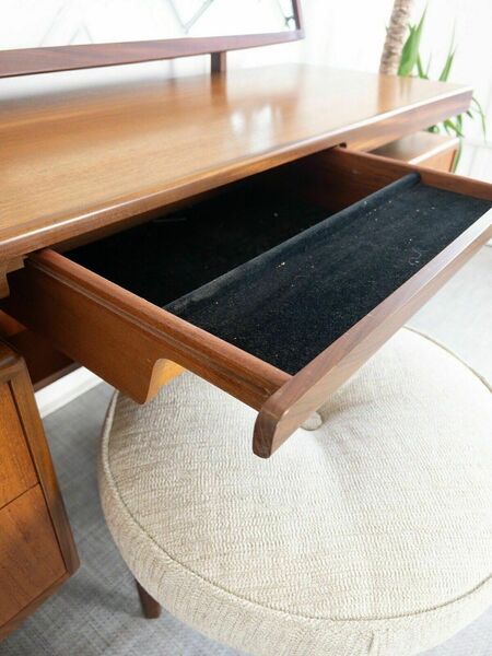Mid Century G Plan Fresco Teak Mirrored Floating Desk / Dressing Table & Stool
