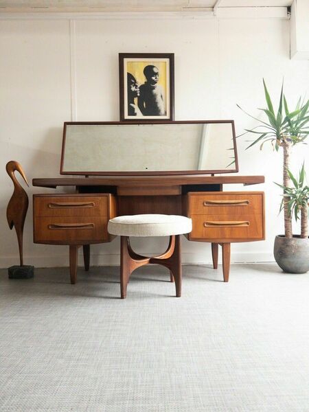Mid Century G Plan Fresco Teak Mirrored Floating Desk / Dressing Table & Stool