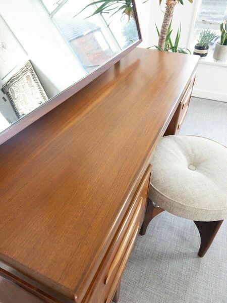Mid Century G Plan Fresco Teak Mirrored Floating Desk / Dressing Table & Stool