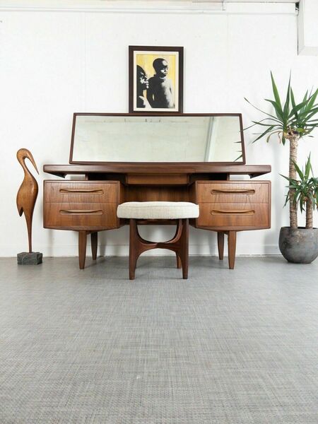 Mid Century G Plan Fresco Teak Mirrored Floating Desk / Dressing Table & Stool