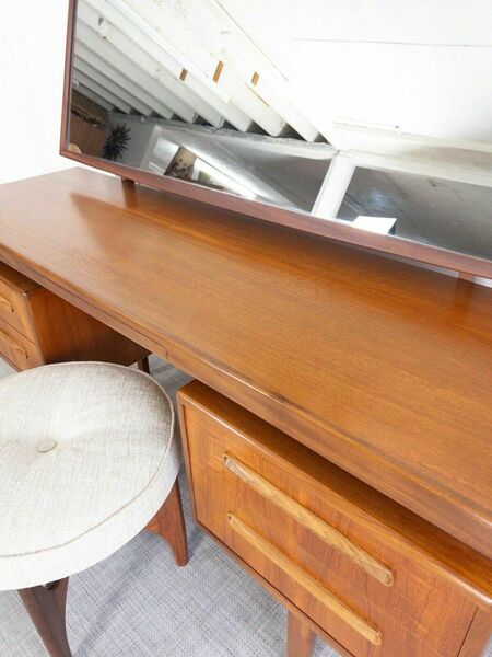 Mid Century G Plan Fresco Teak Mirrored Floating Desk / Dressing Table & Stool