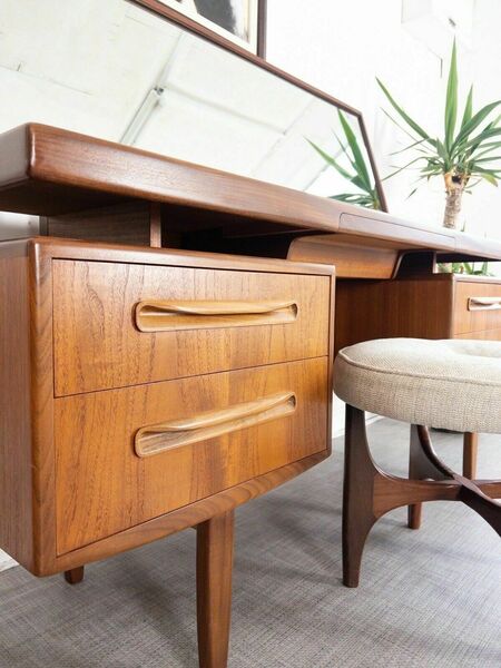 Mid Century G Plan Fresco Teak Mirrored Floating Desk / Dressing Table & Stool