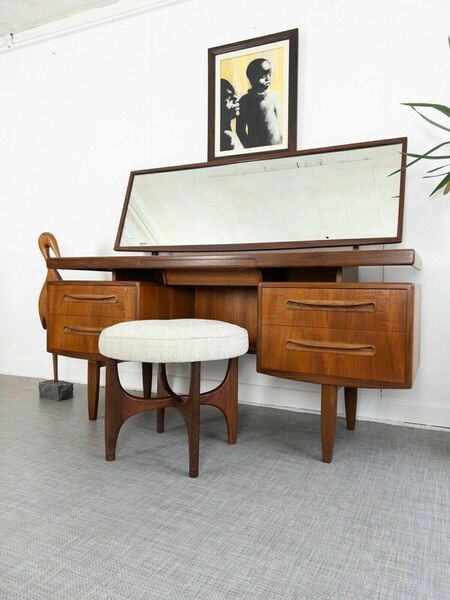 Mid Century G Plan Fresco Teak Mirrored Floating Desk / Dressing Table & Stool