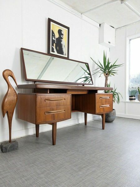 Mid Century G Plan Fresco Teak Mirrored Floating Desk / Dressing Table & Stool