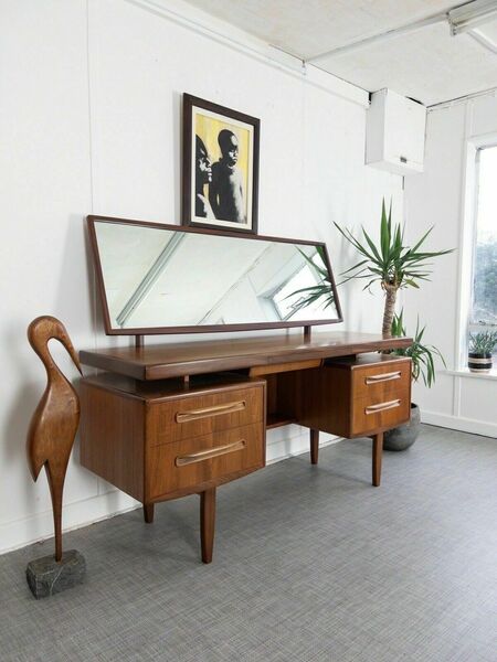 Mid Century G Plan Fresco Teak Mirrored Floating Desk / Dressing Table & Stool