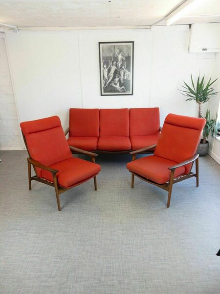 Original Mid Century Guy Rogers New Yorker 3 Piece Suite Teak Sofa & Chairs