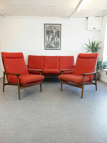 Original Mid Century Guy Rogers New Yorker 3 Piece Suite Teak Sofa & Chairs