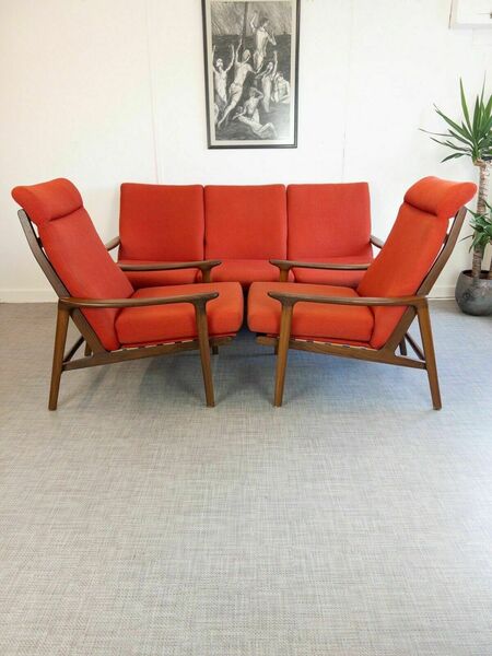 Original Mid Century Guy Rogers New Yorker 3 Piece Suite Teak Sofa & Chairs