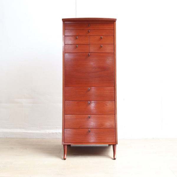 Post Modern Teak Tall Curved Drawer Cabinet By Umberto Agnago For Giorgetti, Italian Designer Furniture, 80s High End Jewellery Storage