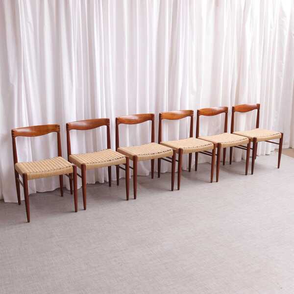 Set Of 6 Hw Klein Bramin Teak Dining Chairs, Danish Mid Century Modern, Restored With New Paper Cord Seats