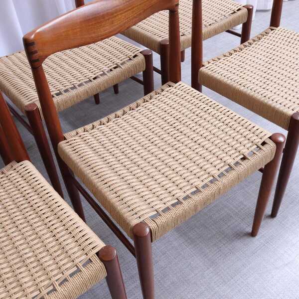 Set Of 6 Hw Klein Bramin Teak Dining Chairs, Danish Mid Century Modern, Restored With New Paper Cord Seats