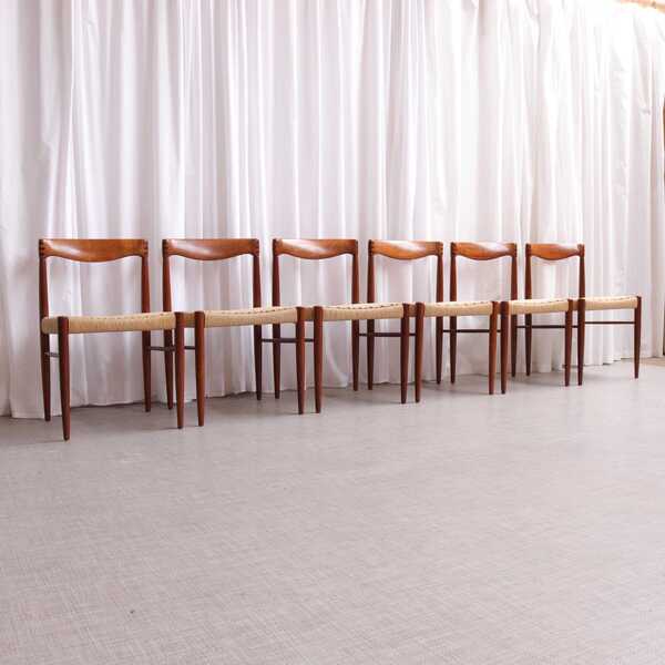 Set Of 6 Hw Klein Bramin Teak Dining Chairs, Danish Mid Century Modern, Restored With New Paper Cord Seats