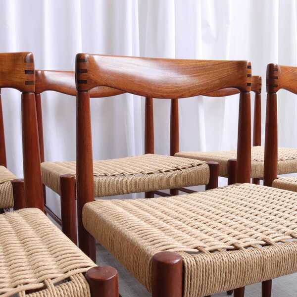 Set Of 6 Hw Klein Bramin Teak Dining Chairs, Danish Mid Century Modern, Restored With New Paper Cord Seats