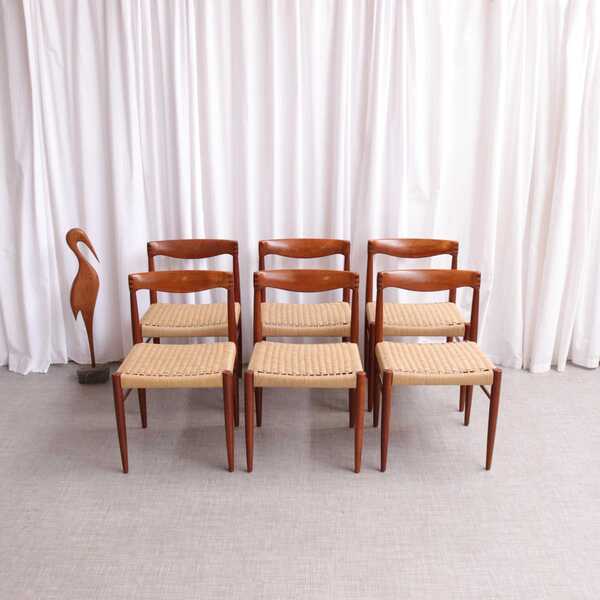 Set Of 6 Hw Klein Bramin Teak Dining Chairs, Danish Mid Century Modern, Restored With New Paper Cord Seats