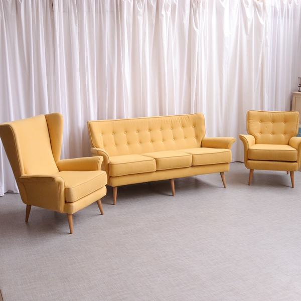 Vintage Mid Century Howard Keith 3 Piece Suite Sofa Armchairs Wingback 60s 6361